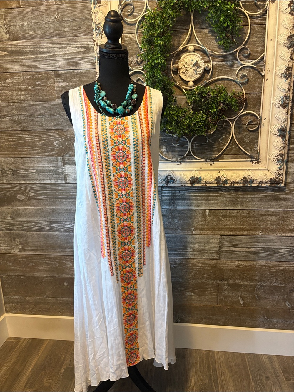 Chico’s (Size 00/2) Boho White Maxi Dress with Floral Embroidered Panel